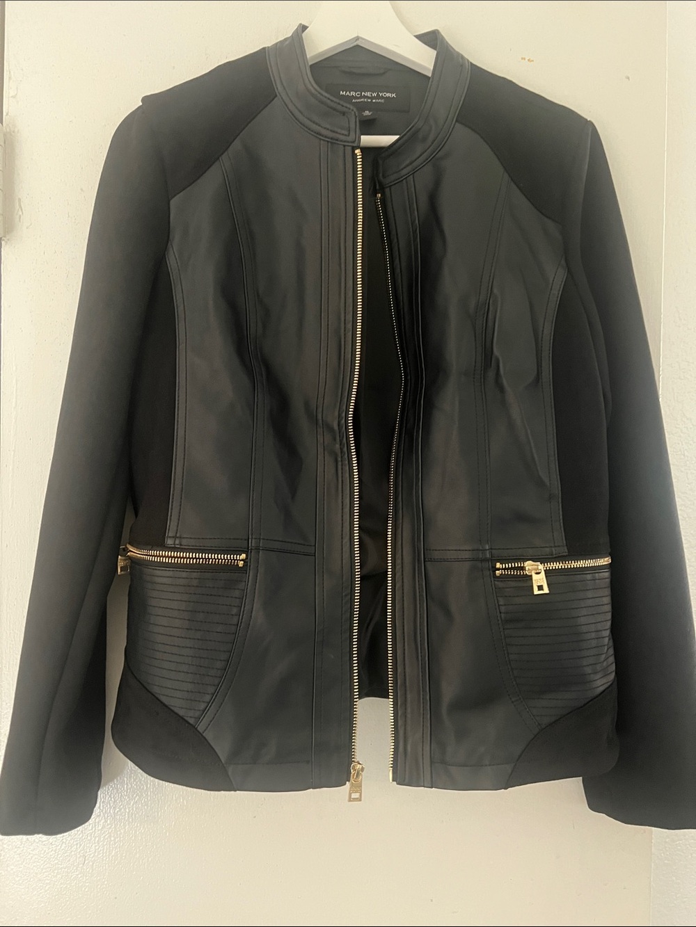 Marc New York Black Zip-Front faux leatherMoto Jacket with Gold Hardware